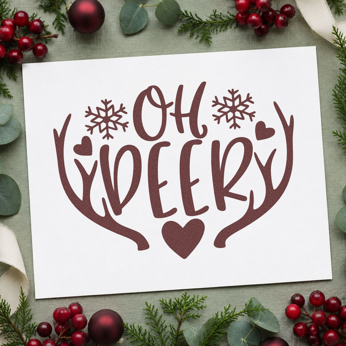 Oh Deer Antlers Snowflakes rubber stamp printed in brown ink, ready for baby name list sheet and similar paper crafts.