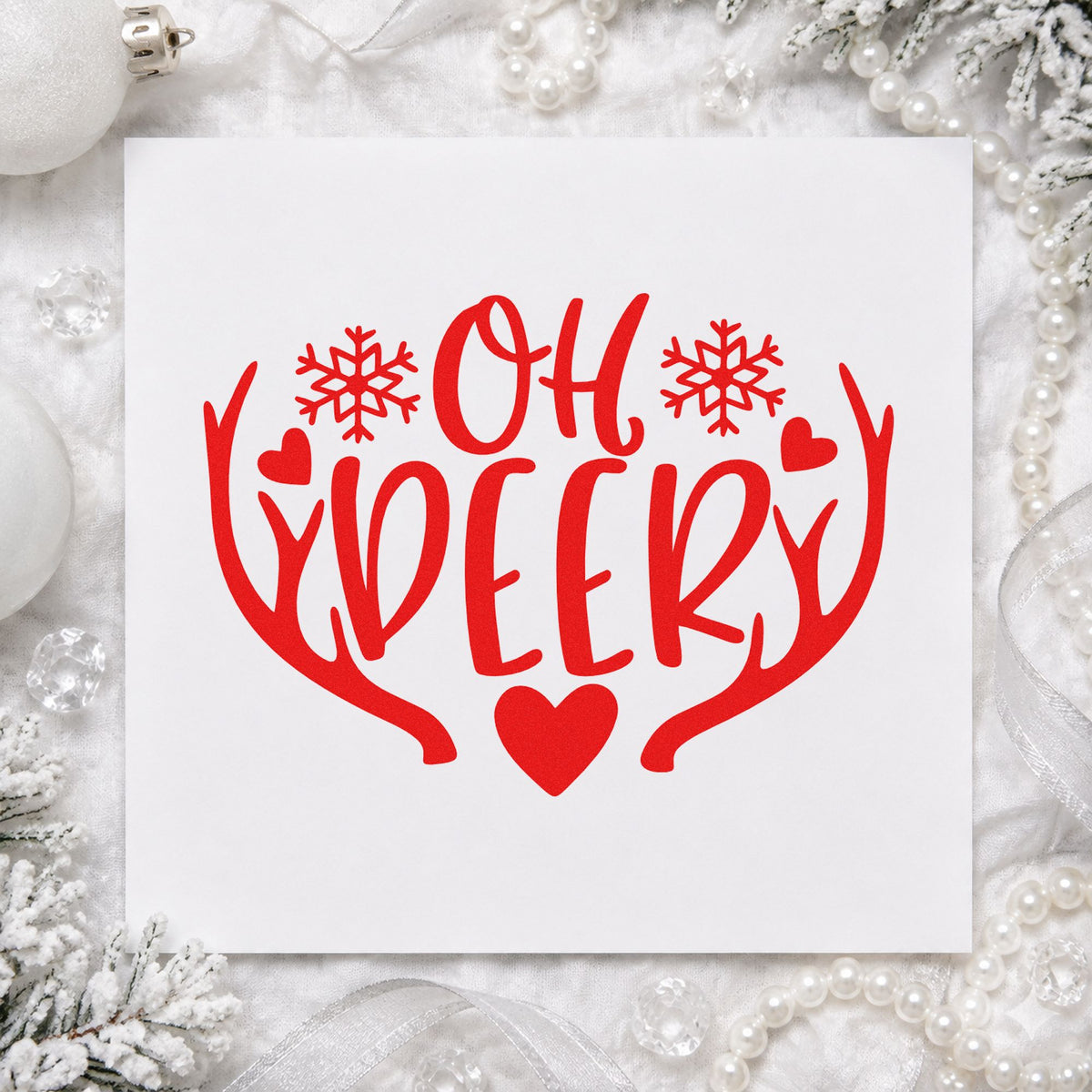 Oh Deer Antlers Snowflakes craft stamp in red ink on cardstock, an easy option for swaddle corner printing.