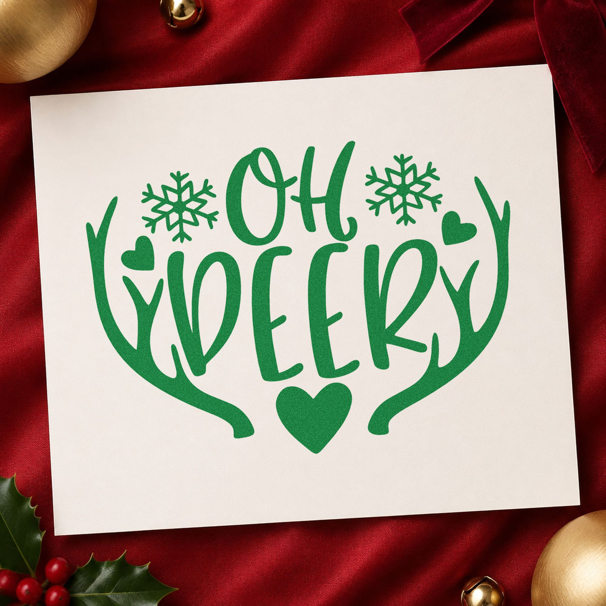 Oh Deer Antlers Snowflakes craft stamp imprinted in green ink on paper, a design suited to framed crib side.