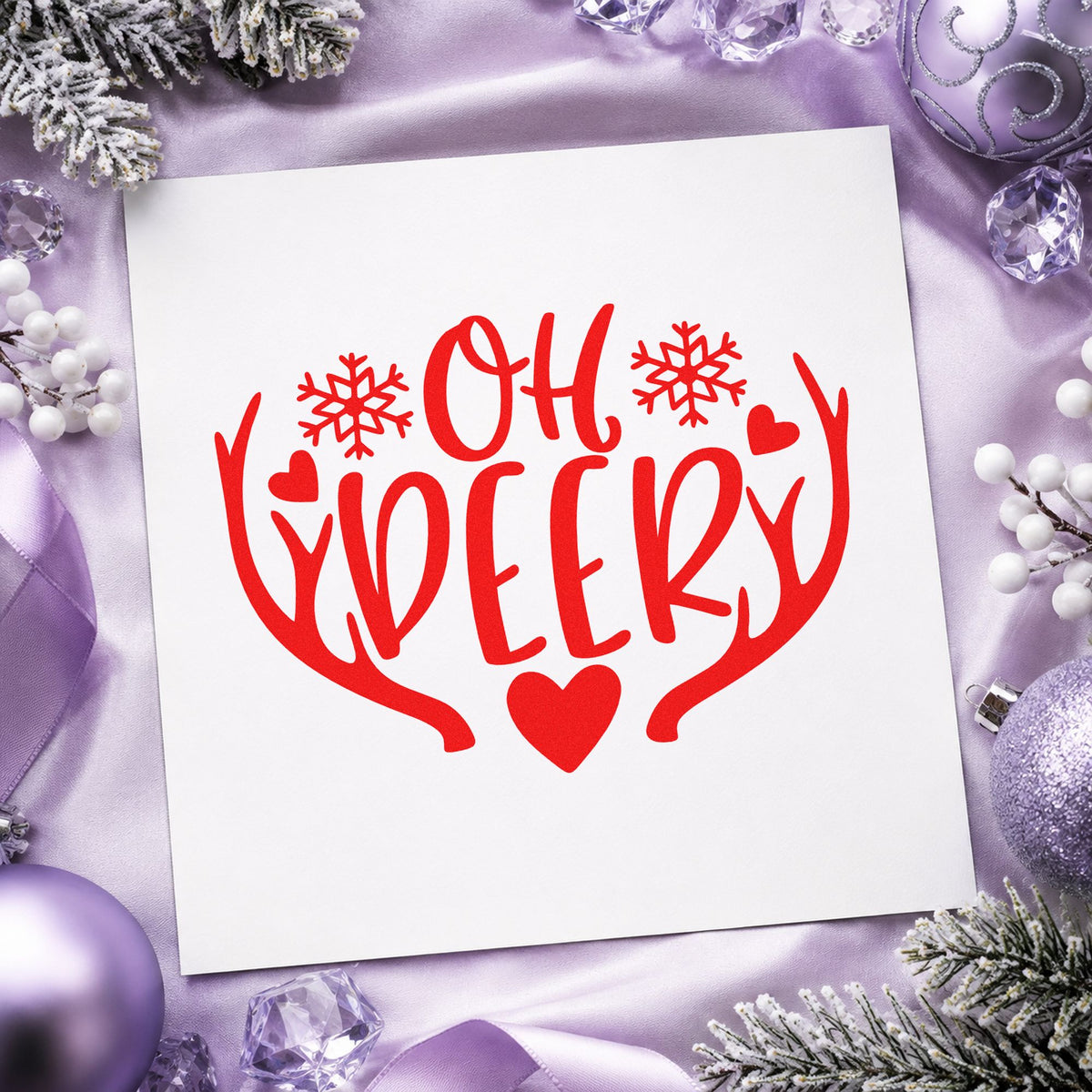 Oh Deer Antlers Snowflakes rubber stamp shown in red ink, stamped for projects such as dresser drawer labels.