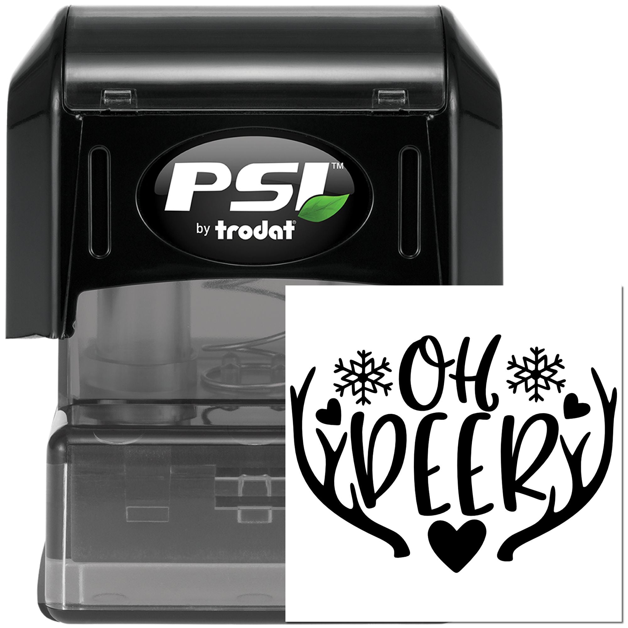 PSI by Trodat self-inking rubber stamp with Oh Deer holiday design for custom Christmas cards and gift tags