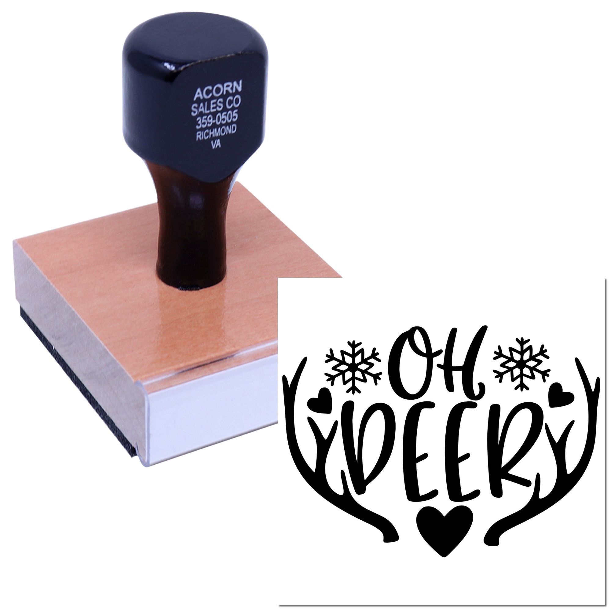 Custom rubber stamp with Oh Deer holiday antler design for Christmas cards, crafts, and festive packaging.