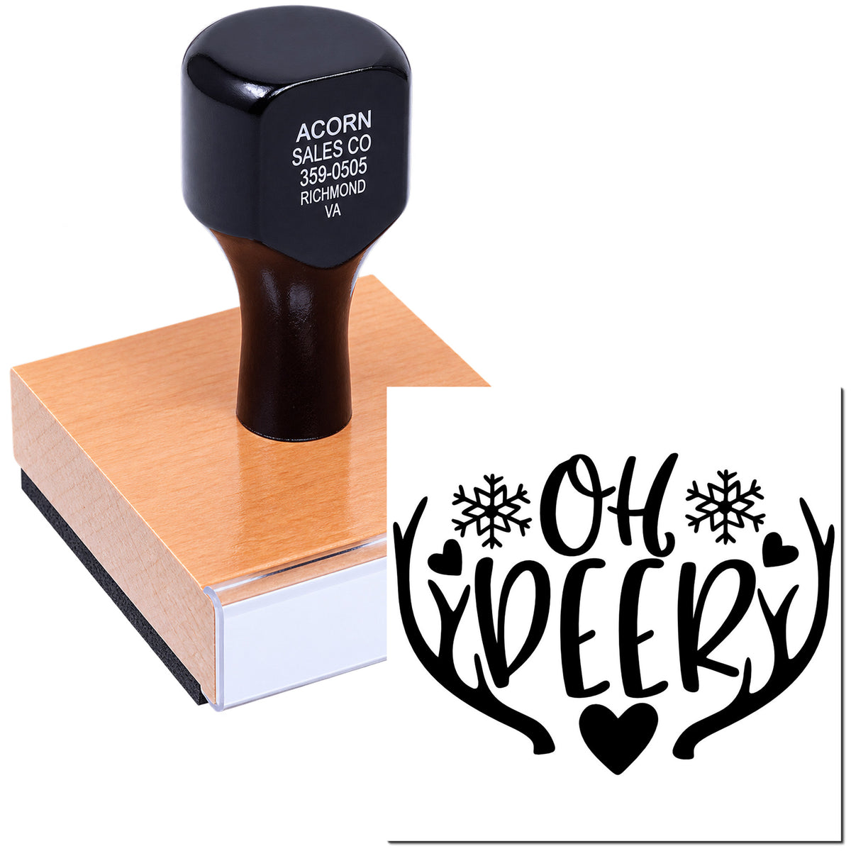 Custom rubber stamp with Oh Deer holiday antler design for Christmas cards, crafts, and festive packaging.