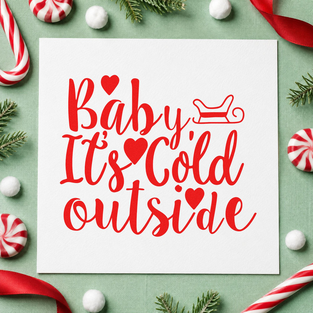 Baby It's Cold Outside Sleigh rubber stamp shown in red ink, stamped for projects such as cider flask labels.