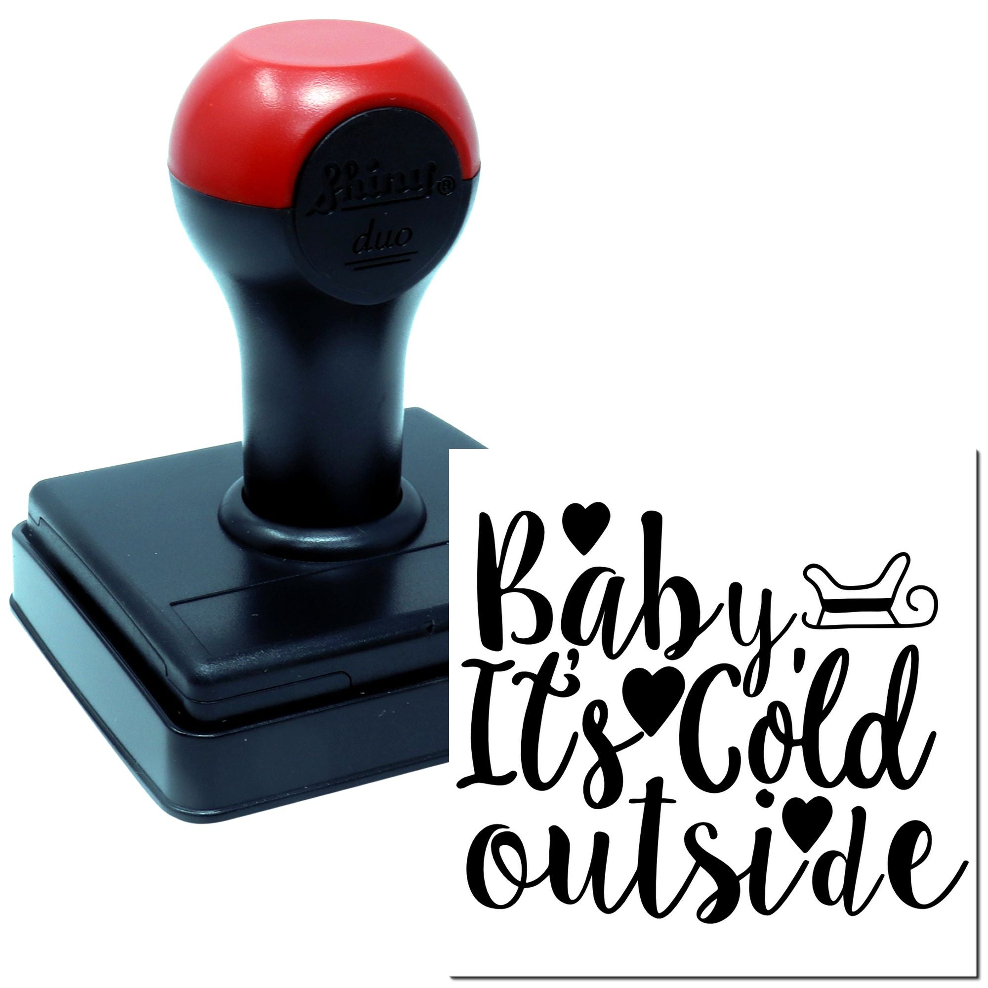 Baby It's Cold Outside rubber stamp with sleigh and hearts, perfect for winter cards, crafts, and holiday packaging.