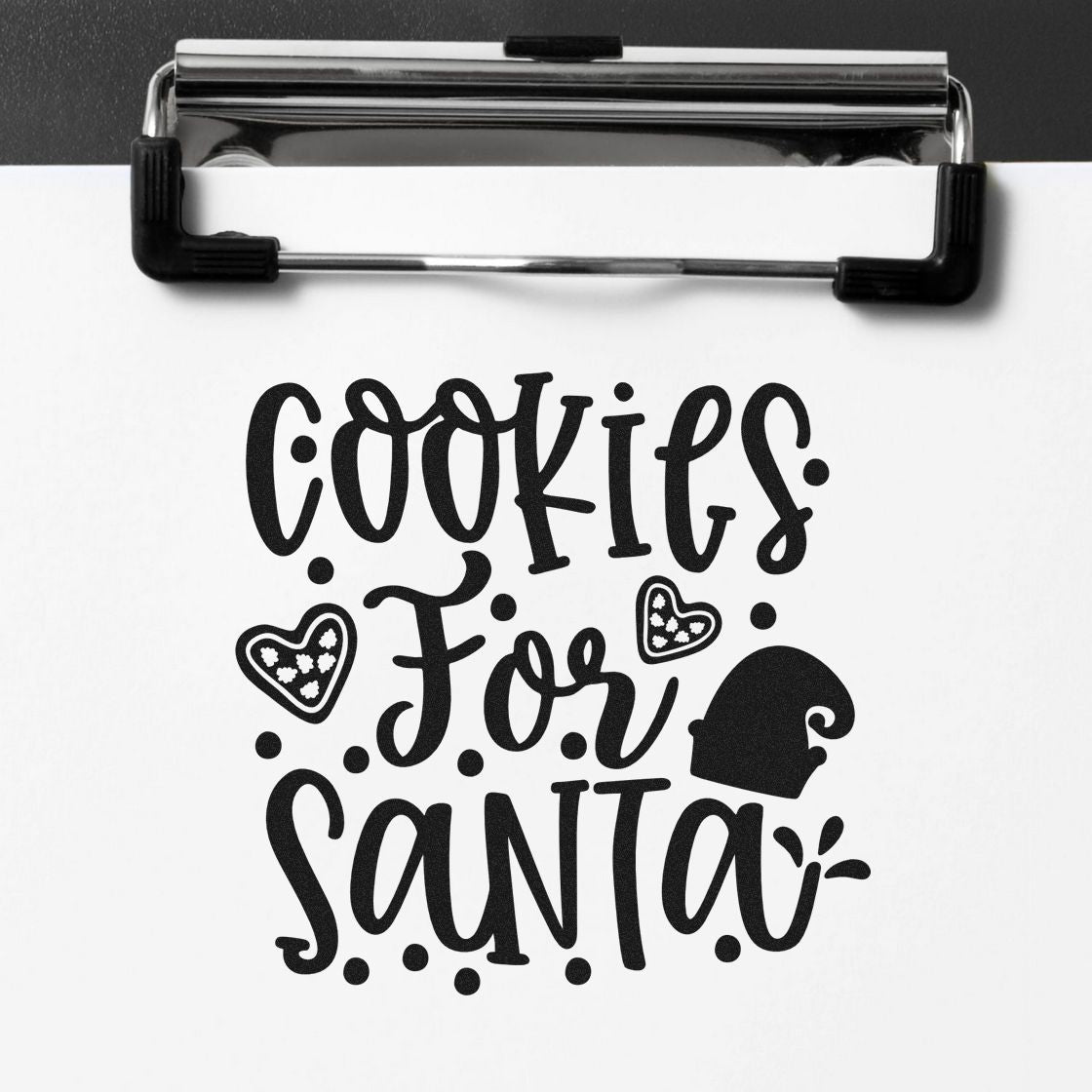 Cookies For Santa Hearts Premium Wood-Mounted Stamp - Vintage Pro imprint stamped in black ink. "Cookies for Santa" features decorated heart cookies, a Santa hat, and dots.