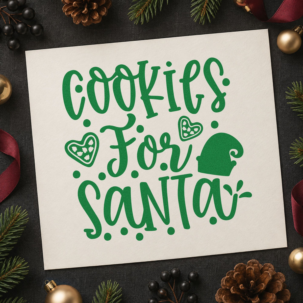 Cookies For Santa Hearts craft stamp imprint in green ink on a handmade project, one idea being cutter set gift tags.