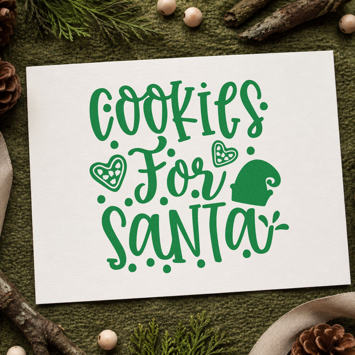 Cookies For Santa Hearts craft stamp imprinted in green ink on paper, a design suited to framed decorating nook.