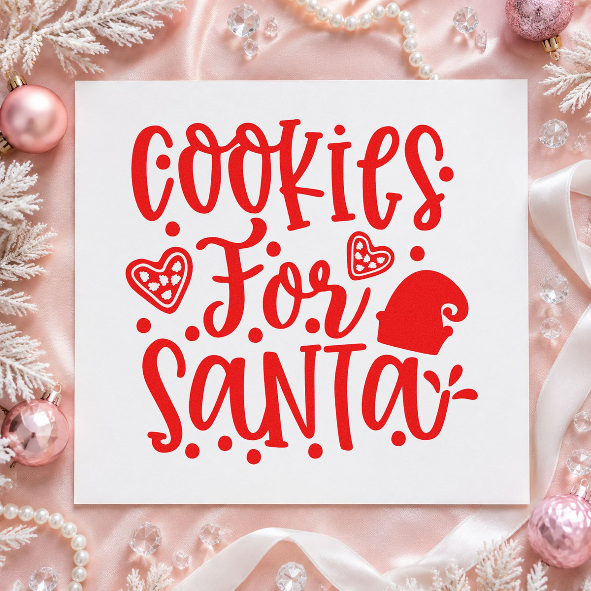 Cookies For Santa Hearts rubber stamp shown in red ink, stamped for projects such as color gel labels.