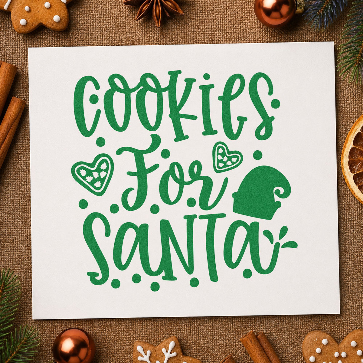 Cookies For Santa Hearts craft stamp imprint in green ink on a handmade project, one idea being class recipe cards.