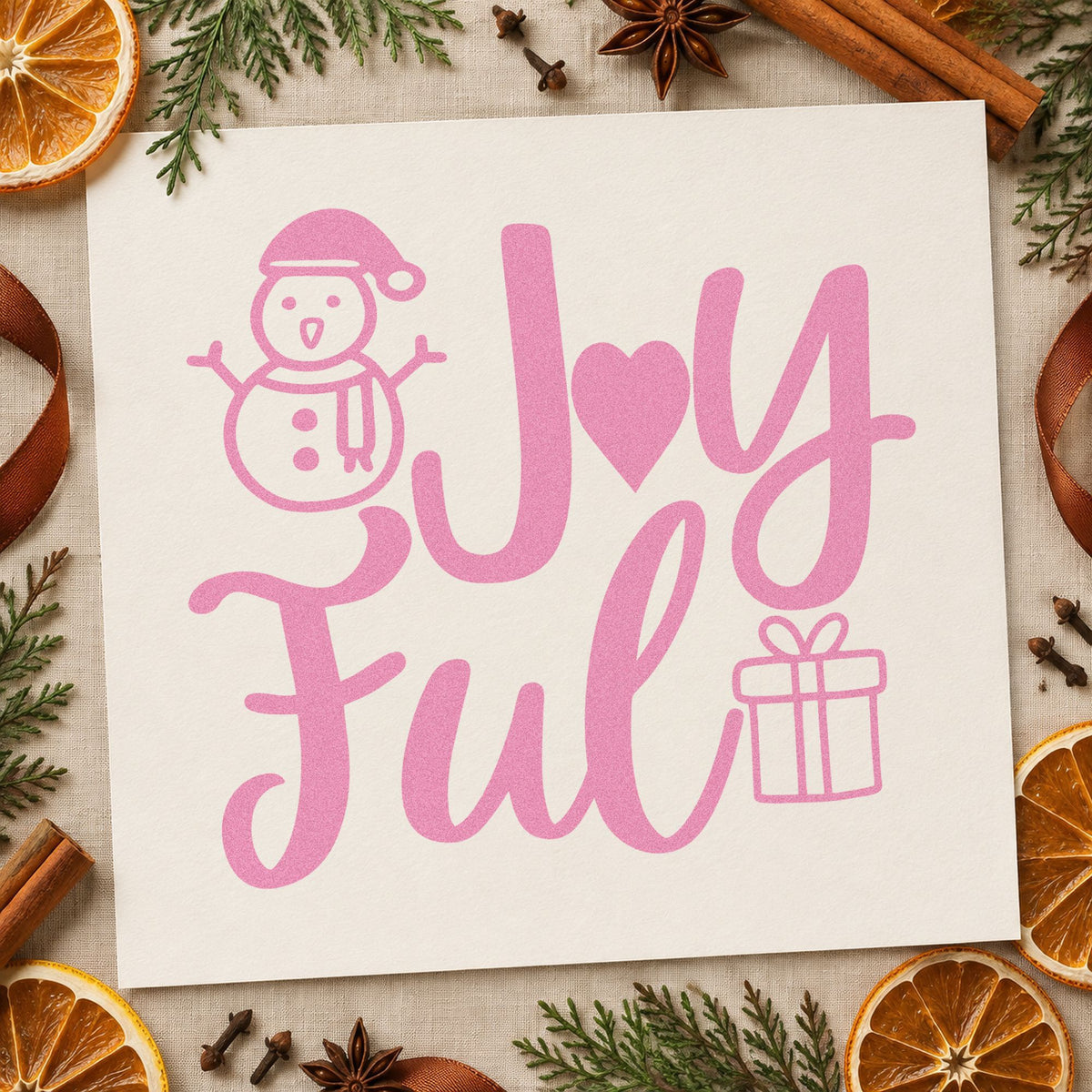 Joyful Snowman And Gift craft stamp in purple ink on cardstock, an easy option for symbol album page.