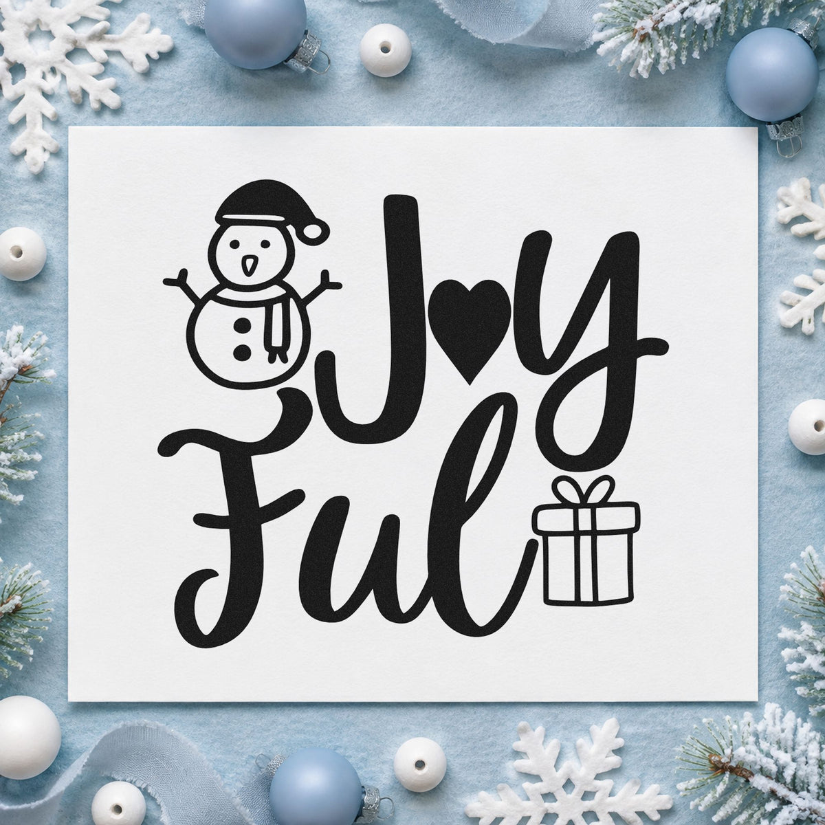 Joyful Snowman And Gift rubber stamp printed in black ink, ready for heart letter cards and similar paper crafts.