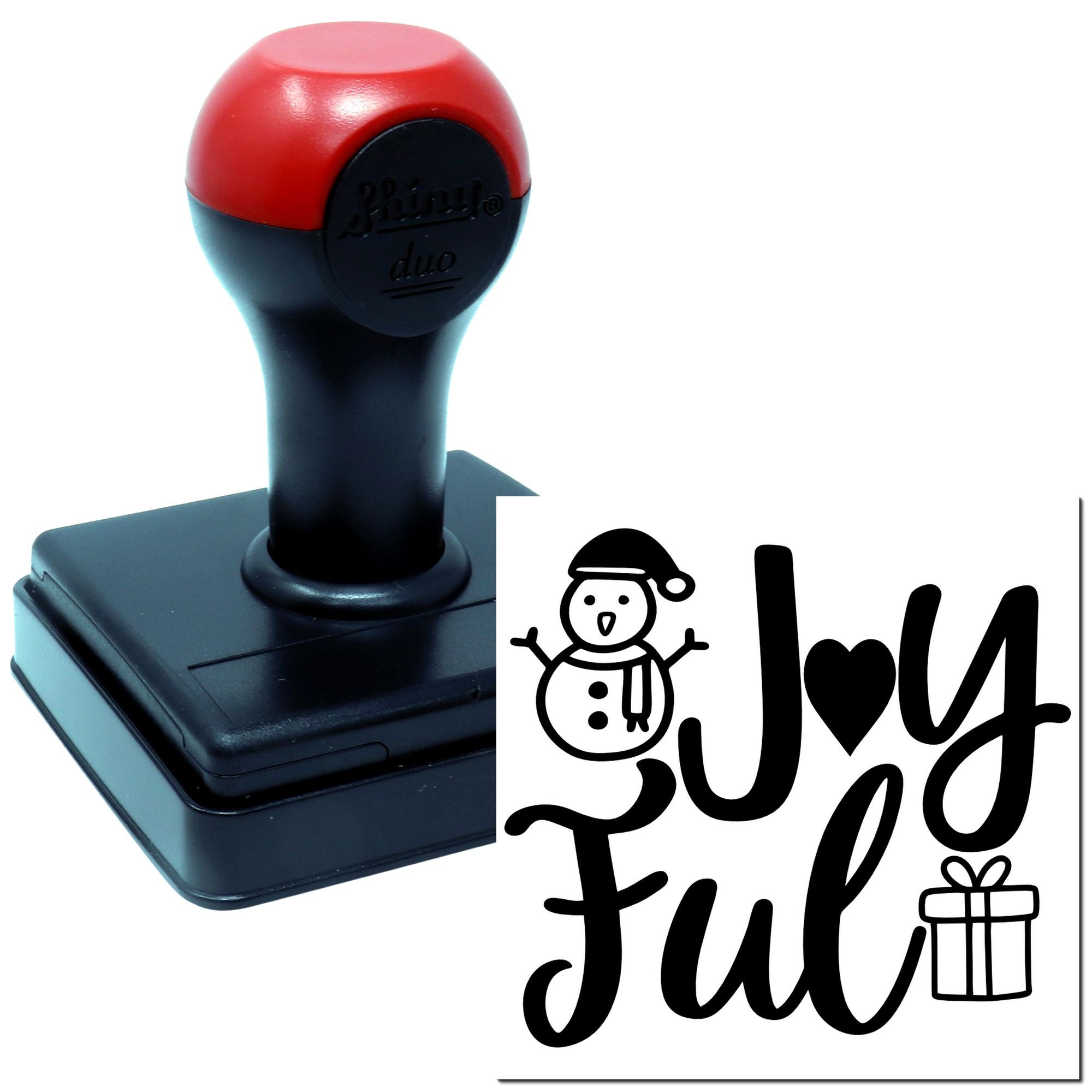 Custom self-inking rubber stamp with Joyful holiday design, snowman and gift icon for festive cards and packaging.