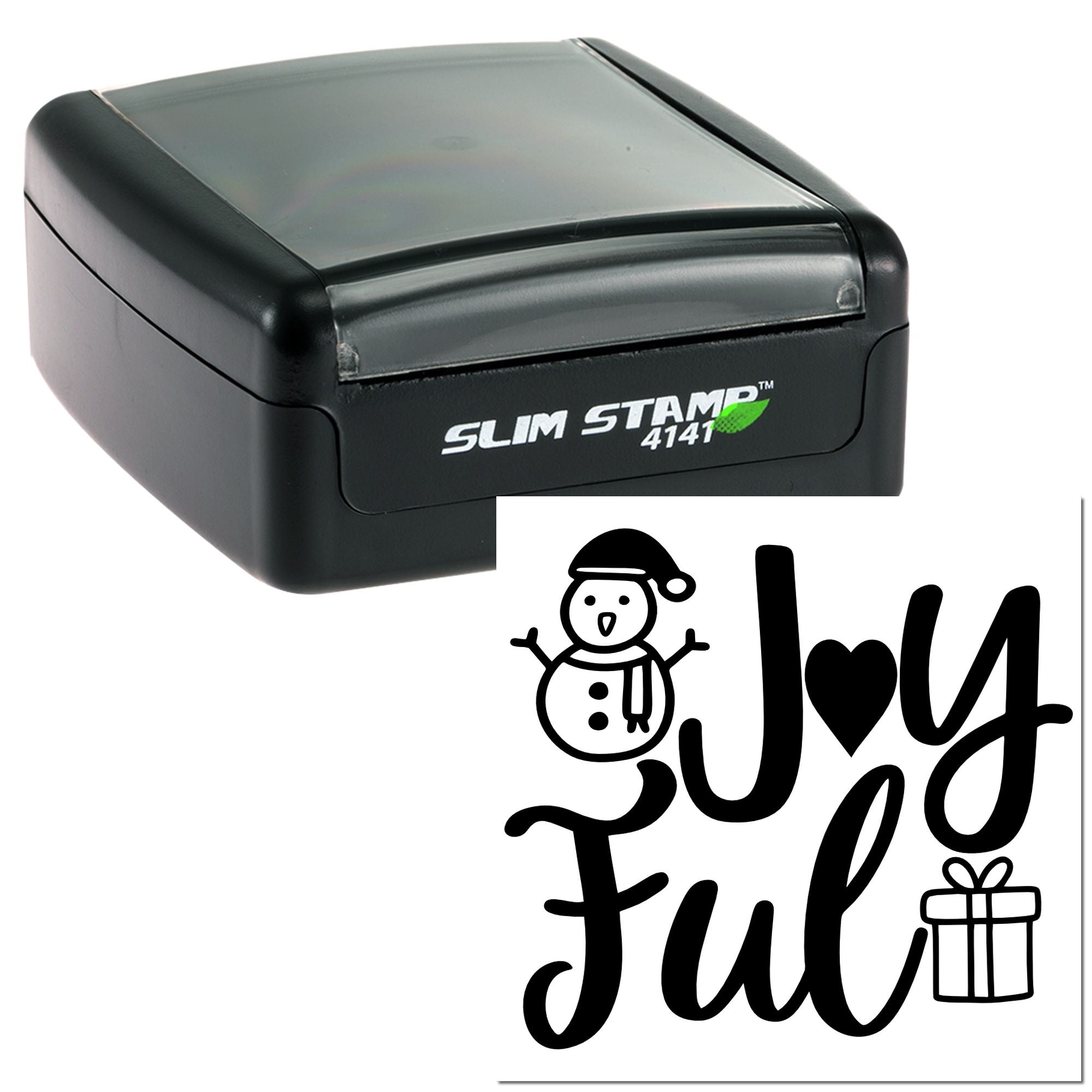Slim Stamp 4141 self-inking rubber stamp with Joyful snowman and gift design for holiday cards and crafts.