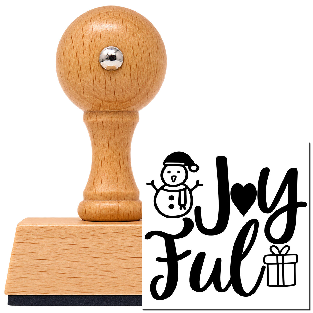 Joyful Snowman And Gift Vintage Pro rubber stamp in European beech wood with a round knob handle, shown beside its black imprint.