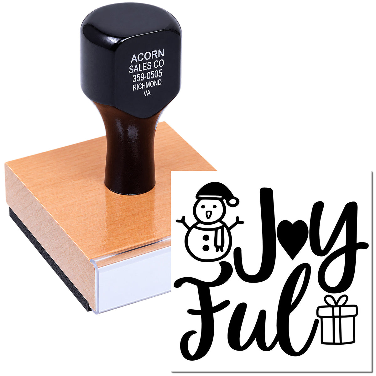 Custom holiday rubber stamp with Joyful snowman and gift design for festive cards, scrapbooking, and crafts.