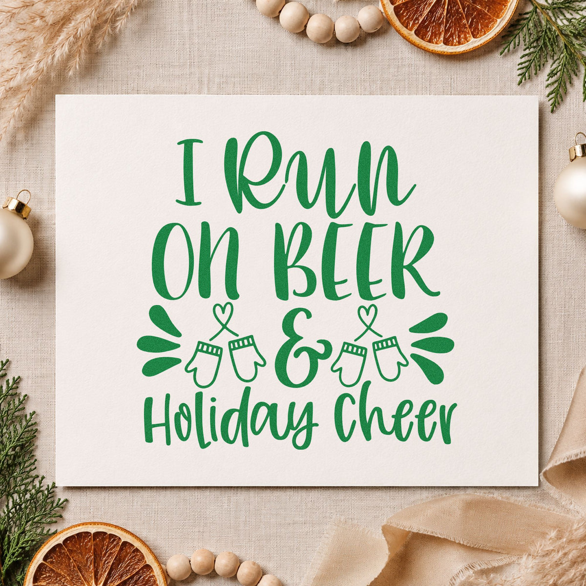 Beer And Holiday Cheer craft stamp imprint in green ink on a handmade project, one idea being growler neck tags.