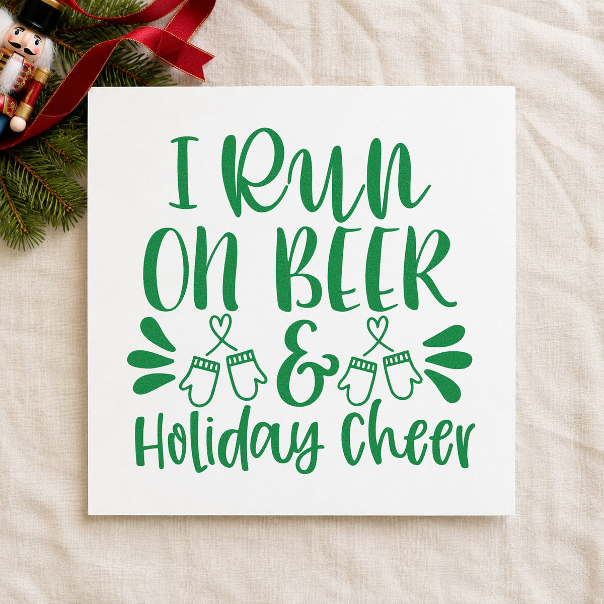 Beer And Holiday Cheer craft stamp imprinted in green ink on paper, a design suited to framed taproom wall.