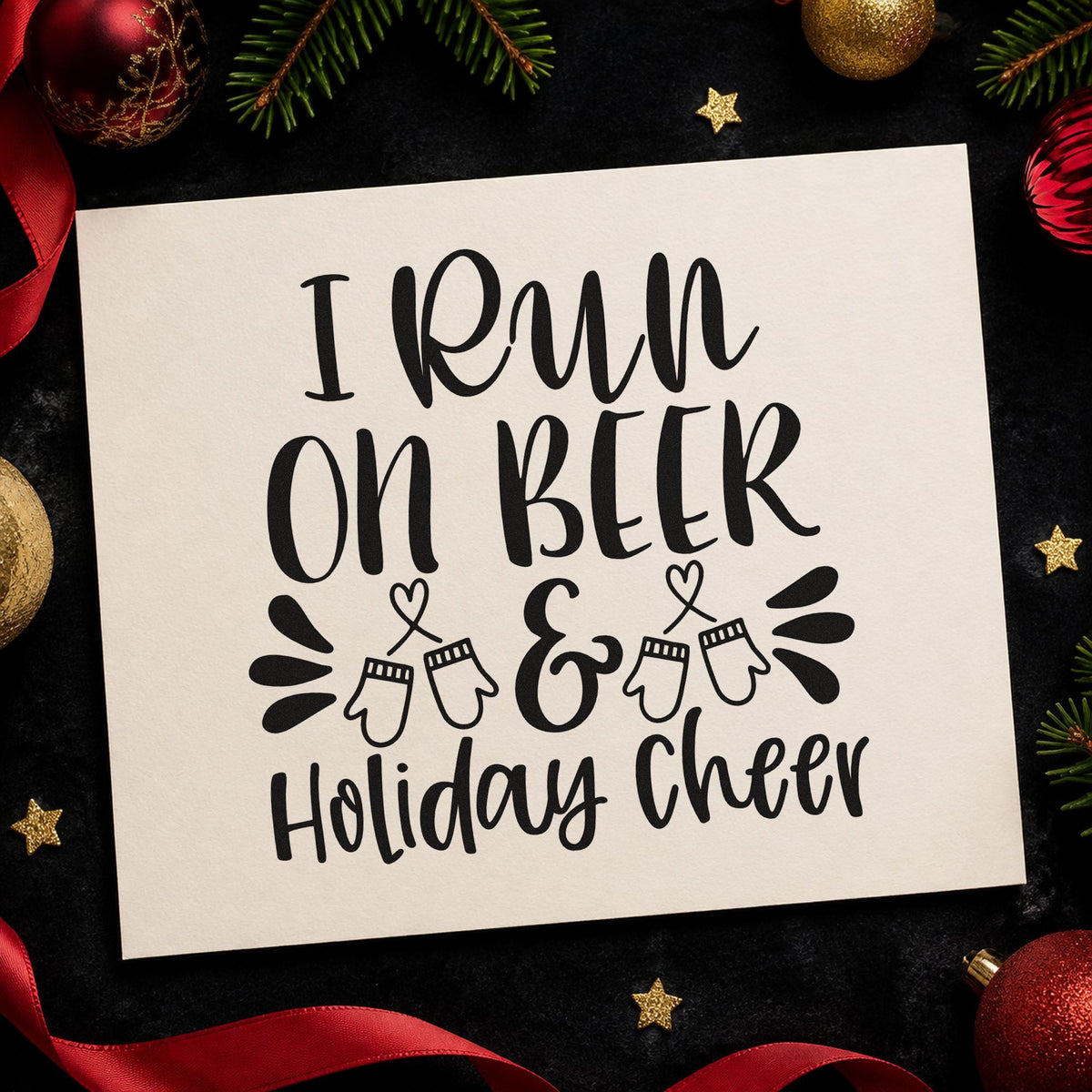Beer And Holiday Cheer rubber stamp printed in black ink, ready for mitten pair cards and similar paper crafts.