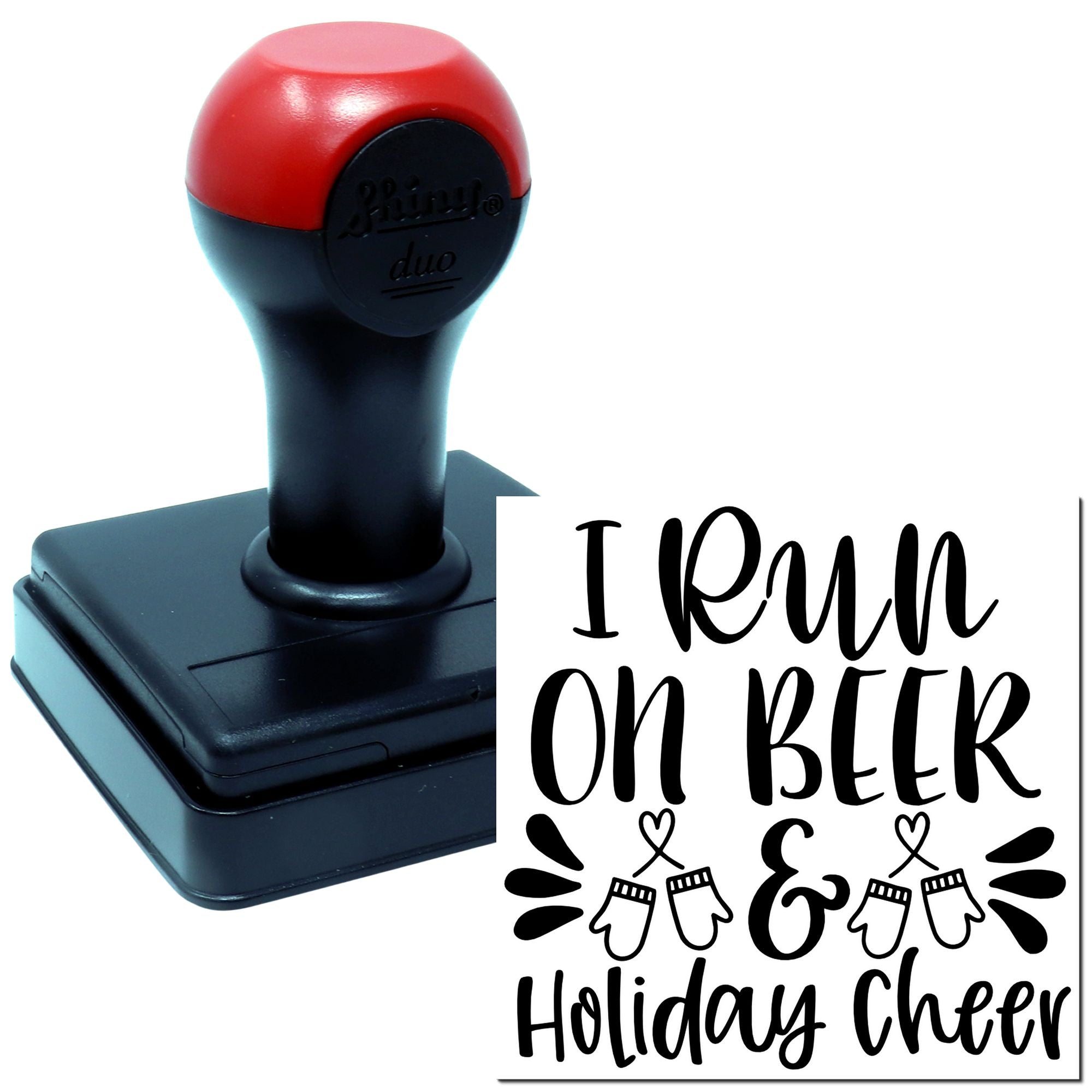 Custom self-inking rubber stamp with I run on beer holiday cheer design for craft, party, and gift stamping.