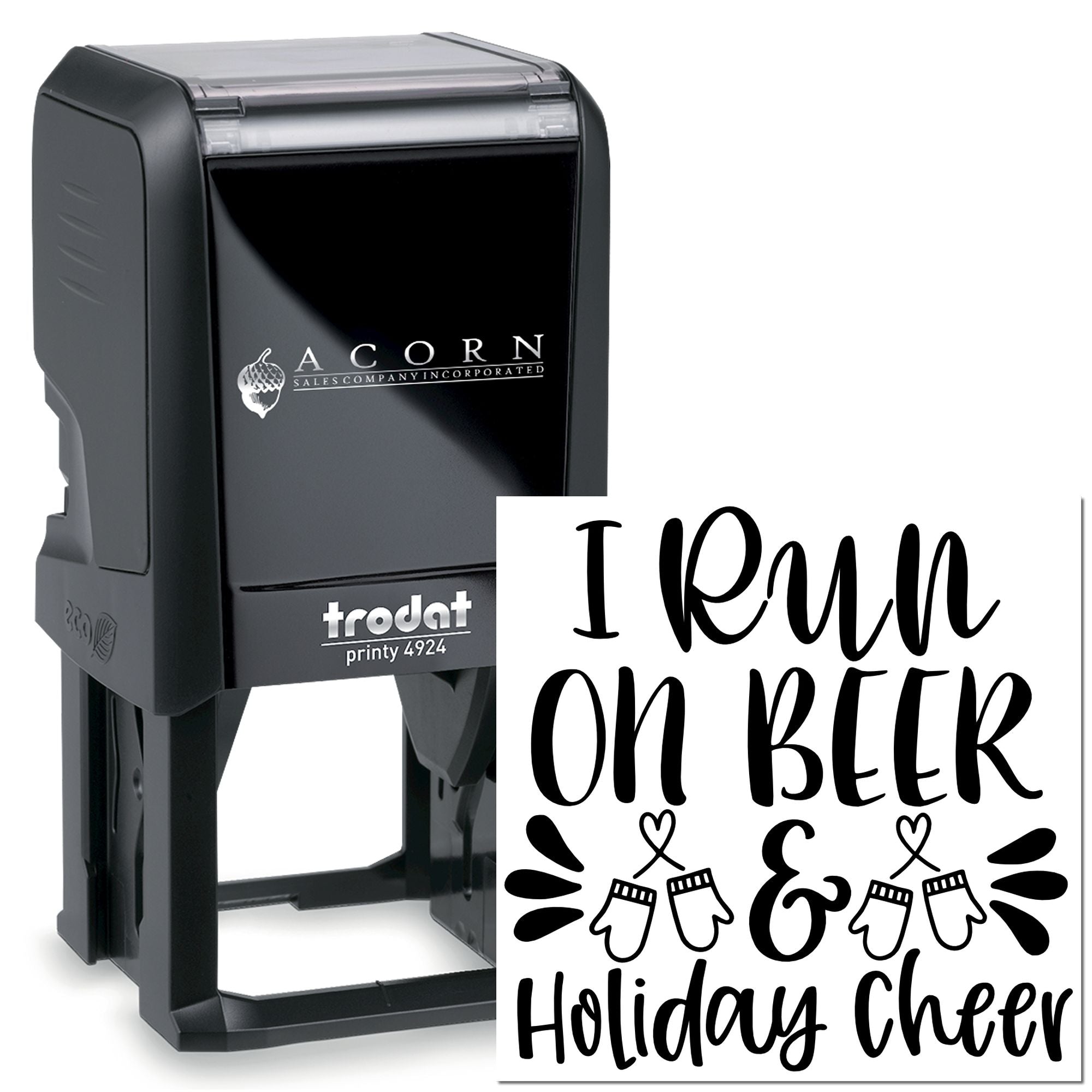 Custom self-inking rubber stamp with I renew on beer holiday cheer design for festive office or gift stamping.