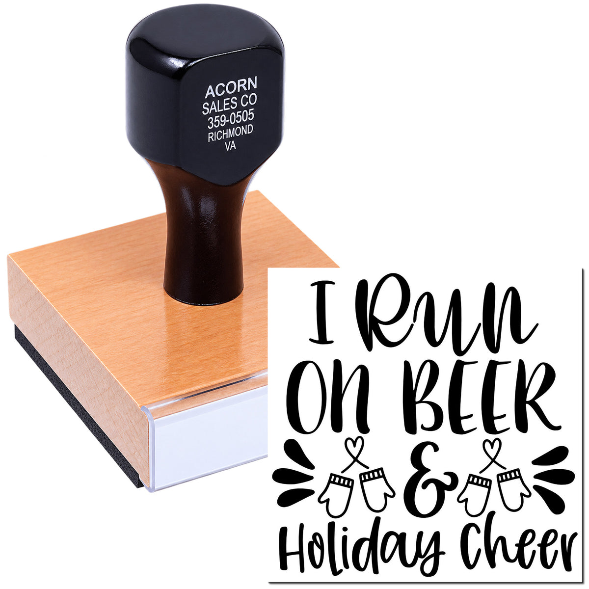 Custom rubber stamp with Holiday Cheer beer-themed design, ideal for festive cards, crafts, and gift packaging.