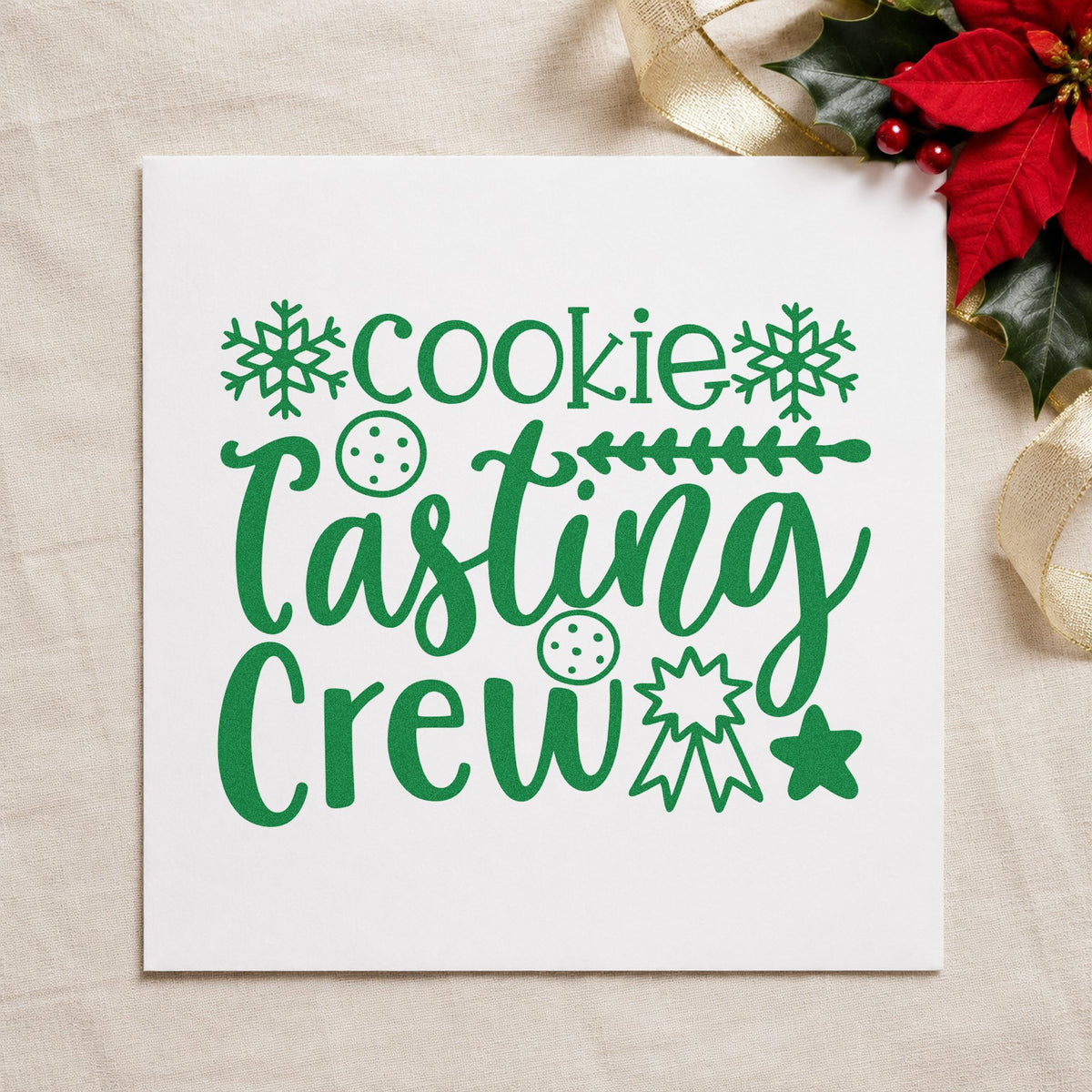 Cookie Tasting Crew craft stamp imprint in green ink on a handmade project, one idea being sample number tags.