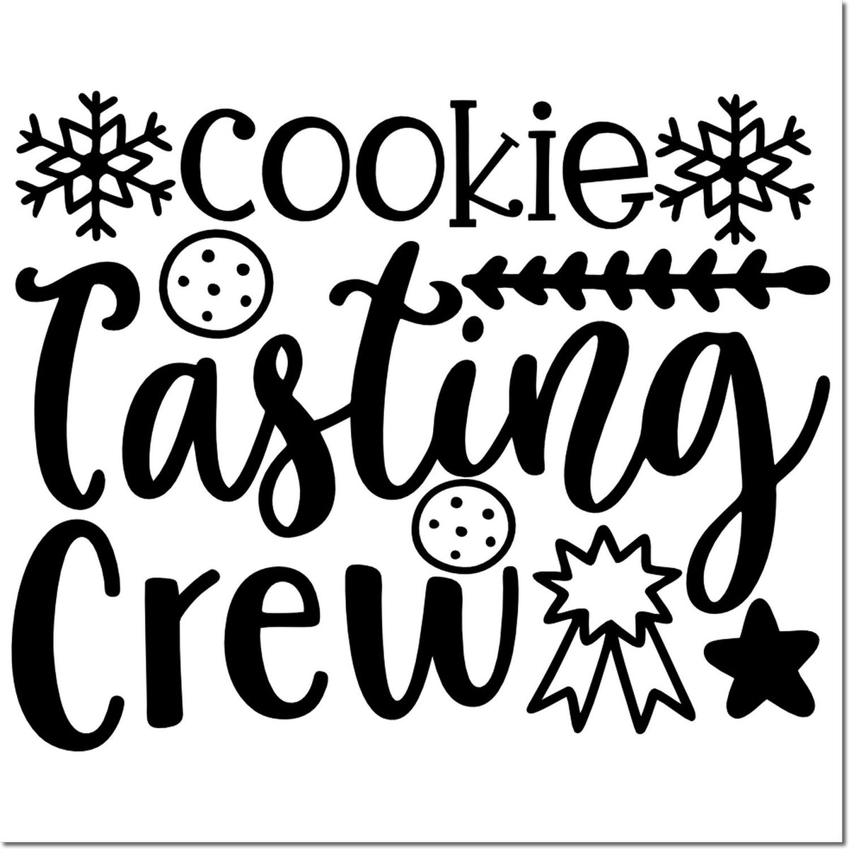 Cookie Tasting Crew rubber stamp design with snowflakes and cookie icons for holiday baking, bakery labels, and festive treats
