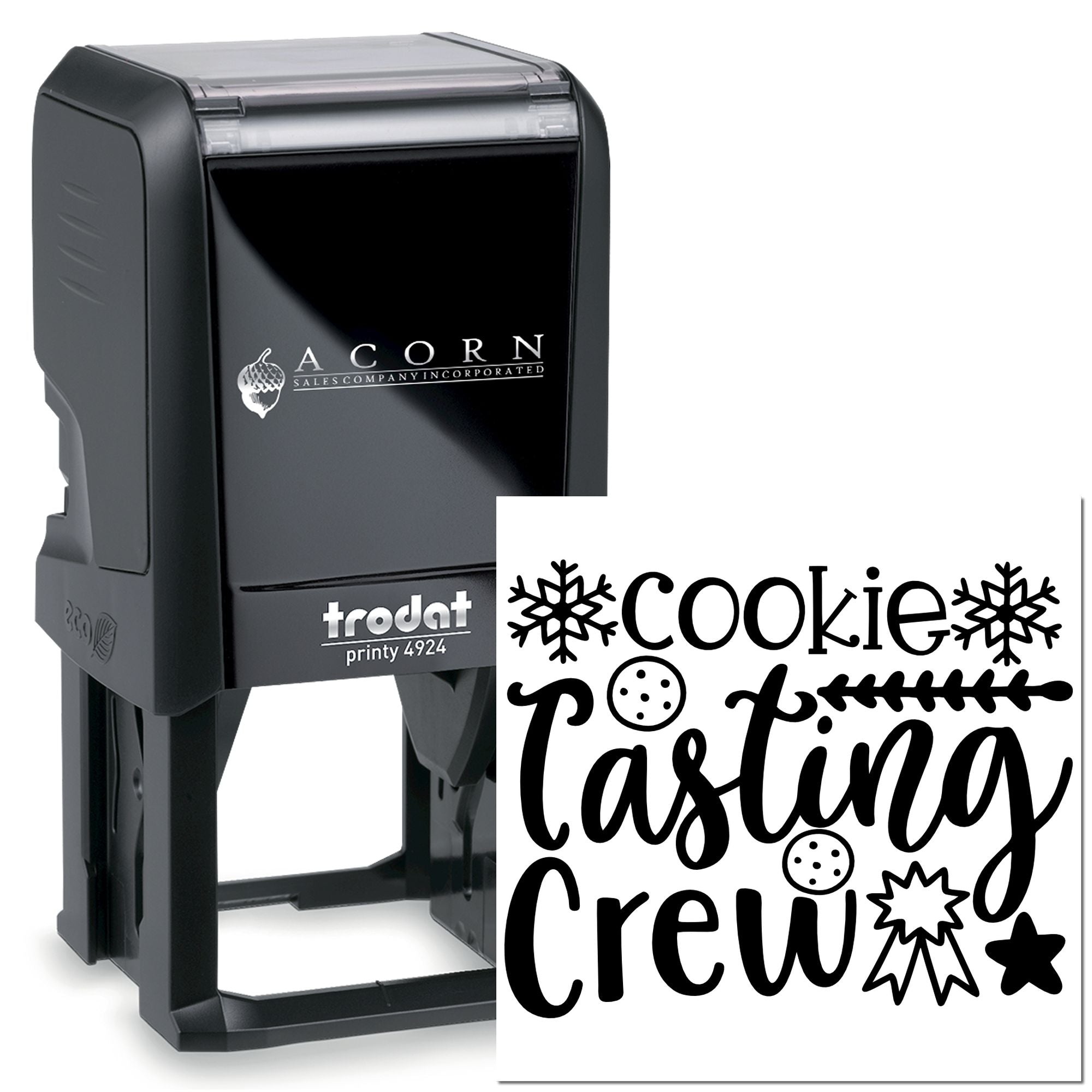 Self-inking Trodat Printy 4924 rubber stamp with custom Cookie Tasting Crew design for bakeries and holiday packaging.
