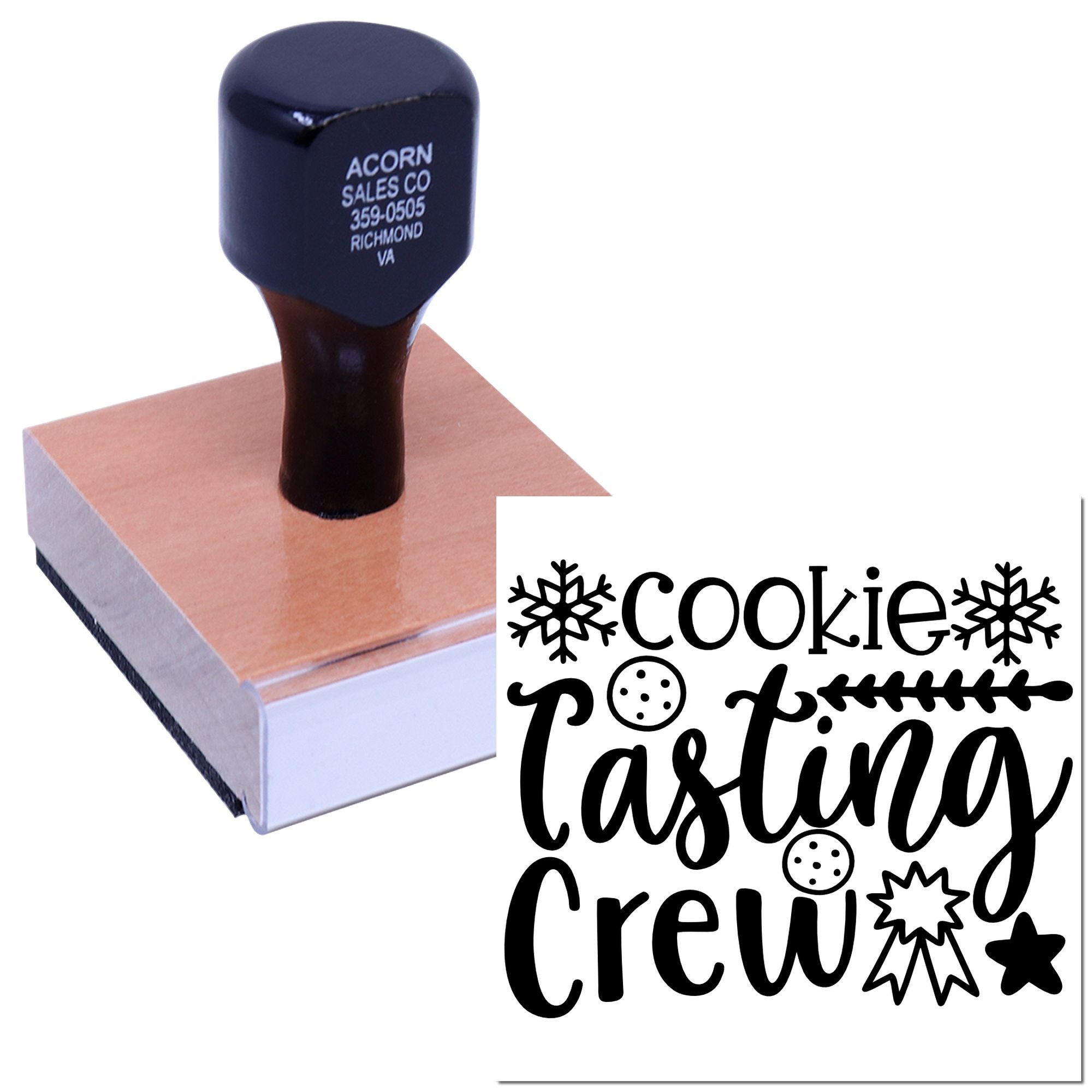 Custom rubber stamp with Cookie Tasting Crew design for bakery packaging, featuring snowflakes, cookies and bold script.