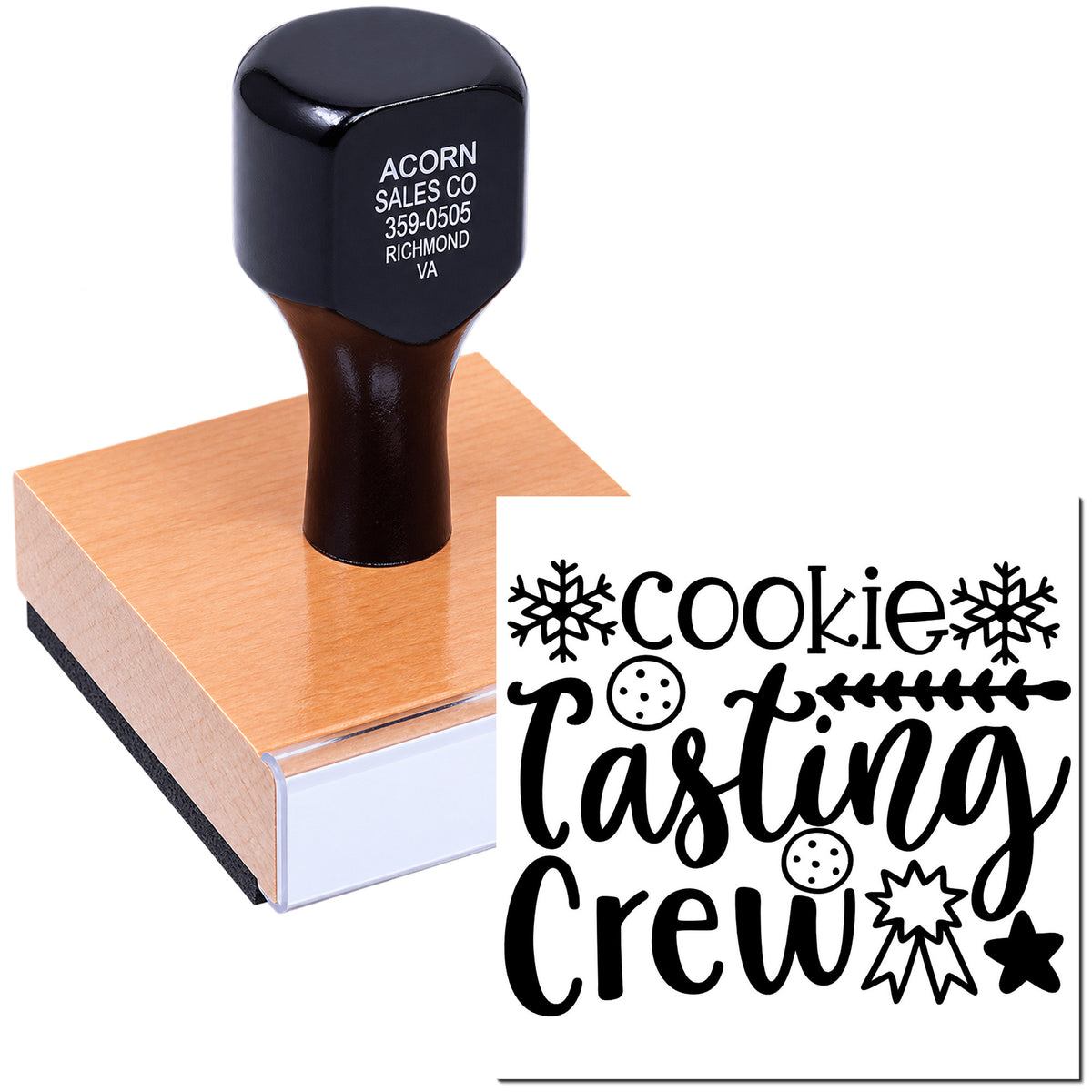 Custom rubber stamp with Cookie Tasting Crew design for bakery packaging, featuring snowflakes, cookies and bold script.
