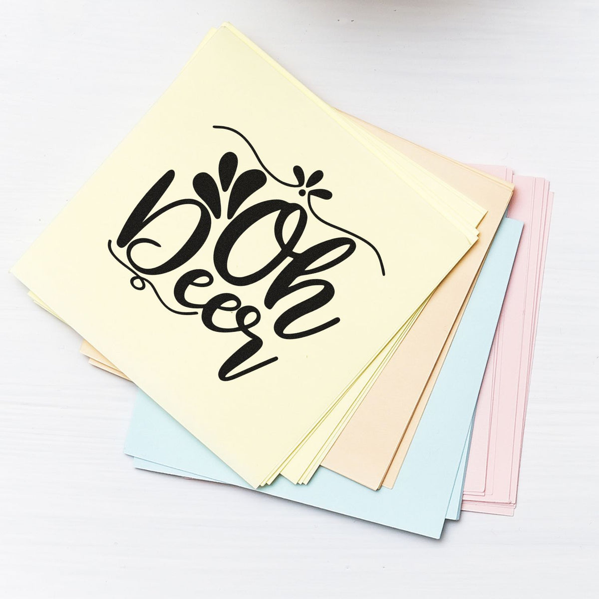 Oh Deer Ornamental Script Lettering Premium Wooden Stamp - Vintage Pro imprint stamped in black ink. "Oh Deer" appears in oversized script with leafy strokes and curved ornamental borders.