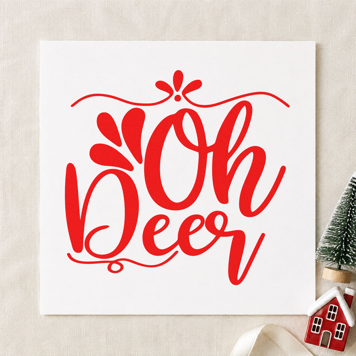 Oh Deer Ornamental Script craft stamp in red ink on cardstock, an easy option for pillow face printing.