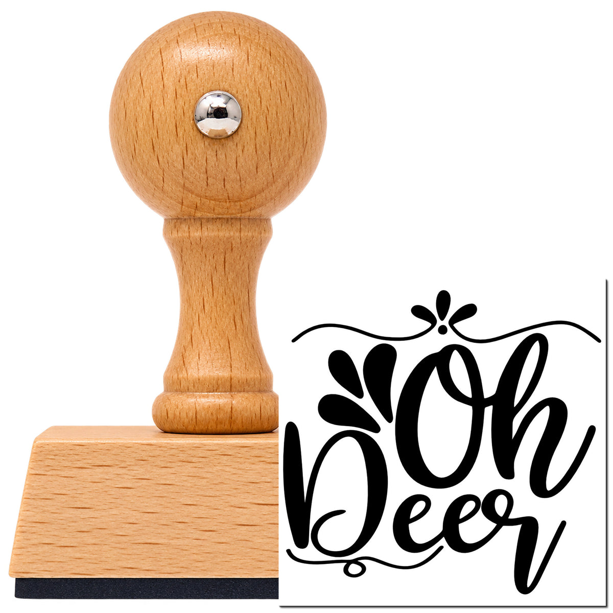 Oh Deer Ornamental Script Lettering Vintage Pro rubber stamp in European beech wood with a round knob handle, shown beside its black imprint.