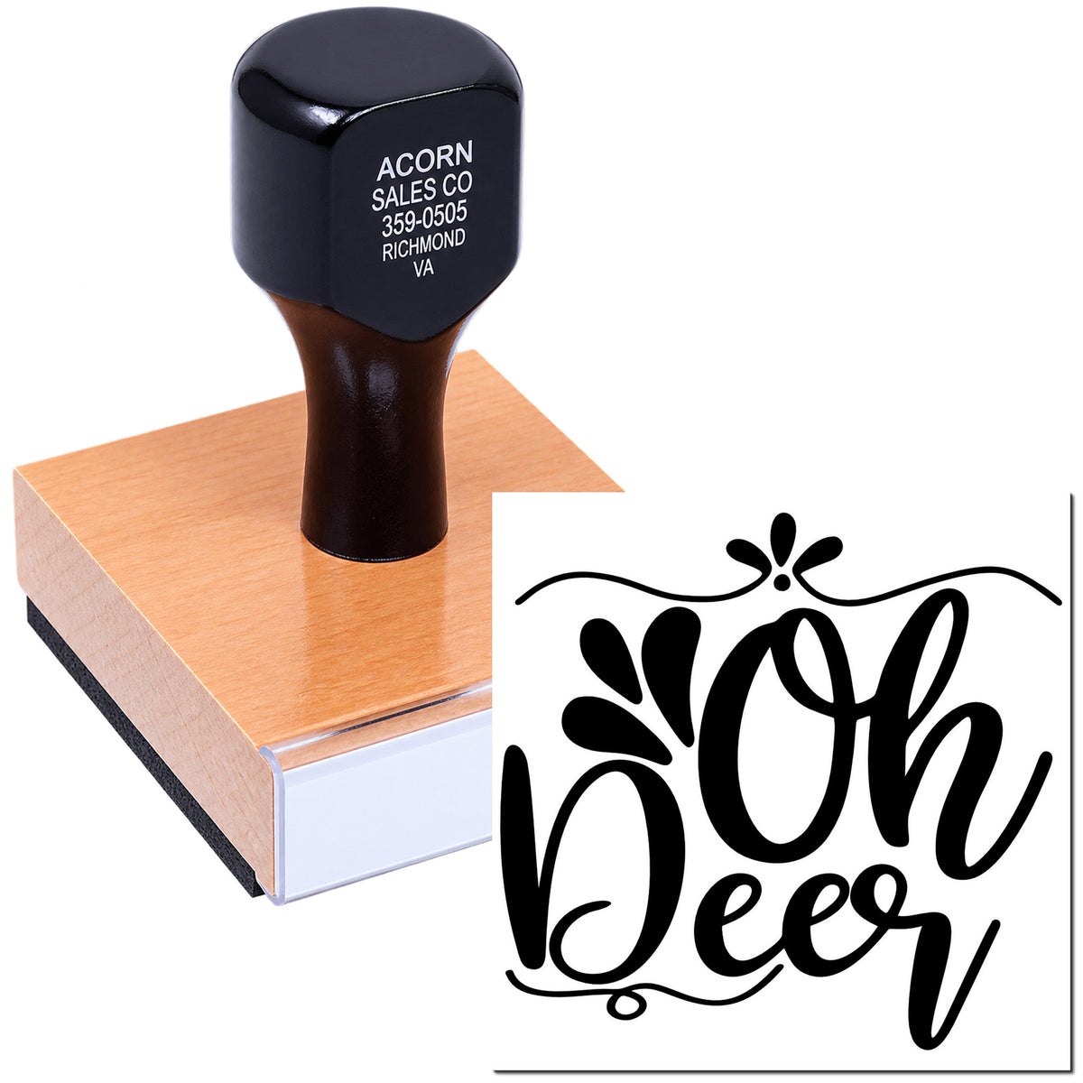 Custom rubber stamp featuring a decorative Born Deer design for craft packaging and branding.