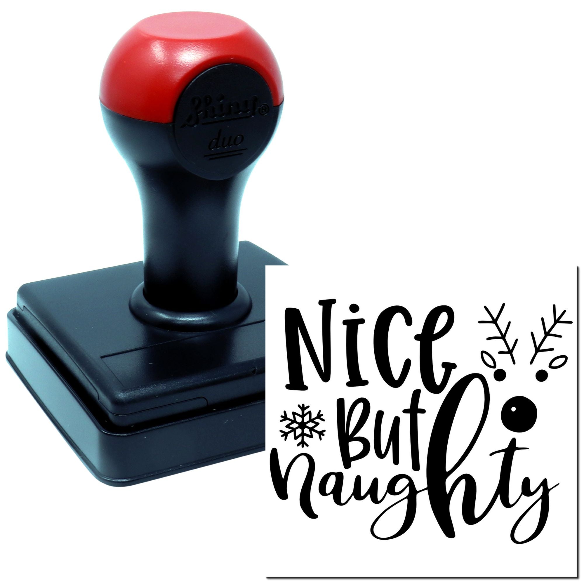 Custom self-inking rubber stamp with Nice but Naughty holiday design and snowflake accents for festive labeling.