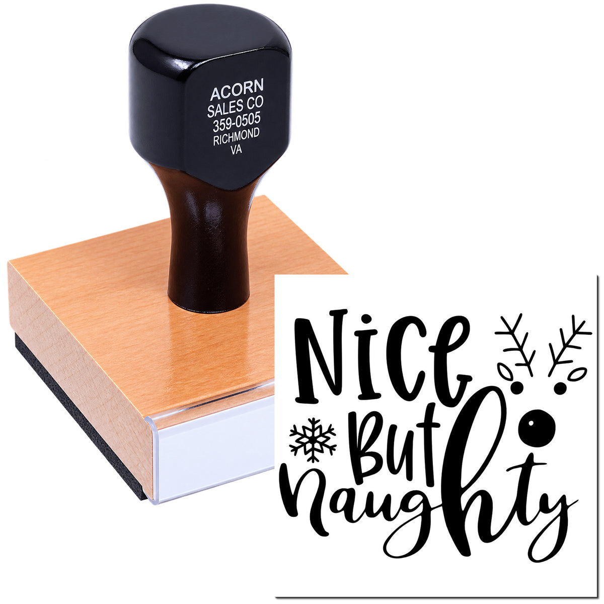 Custom rubber stamp with Nice But Naughty holiday phrase for festive cards, gift tags, and packaging.