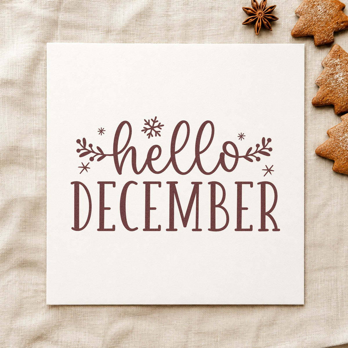Hello December Sprigs rubber stamp printed in brown ink, ready for planner spread header and similar paper crafts.