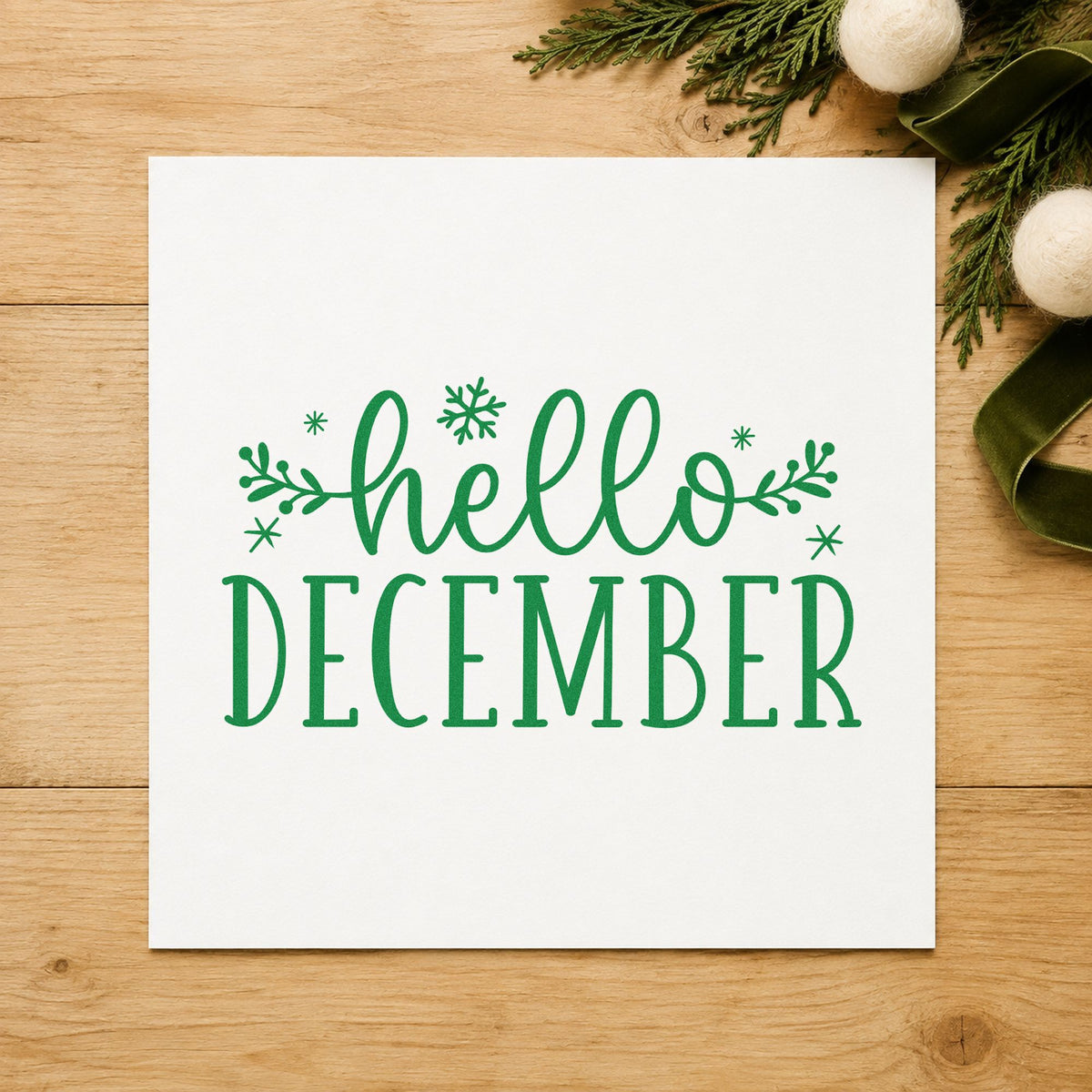 Hello December Sprigs craft stamp imprinted in green ink on paper, a design suited to framed hall console.
