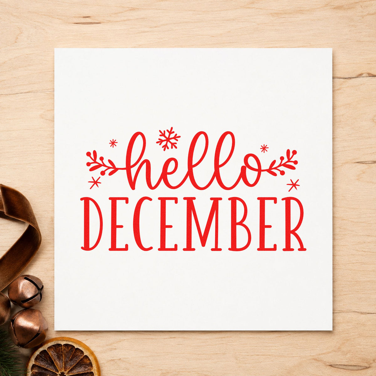 Hello December Sprigs rubber stamp shown in red ink, stamped for projects such as seasonal bin labels.