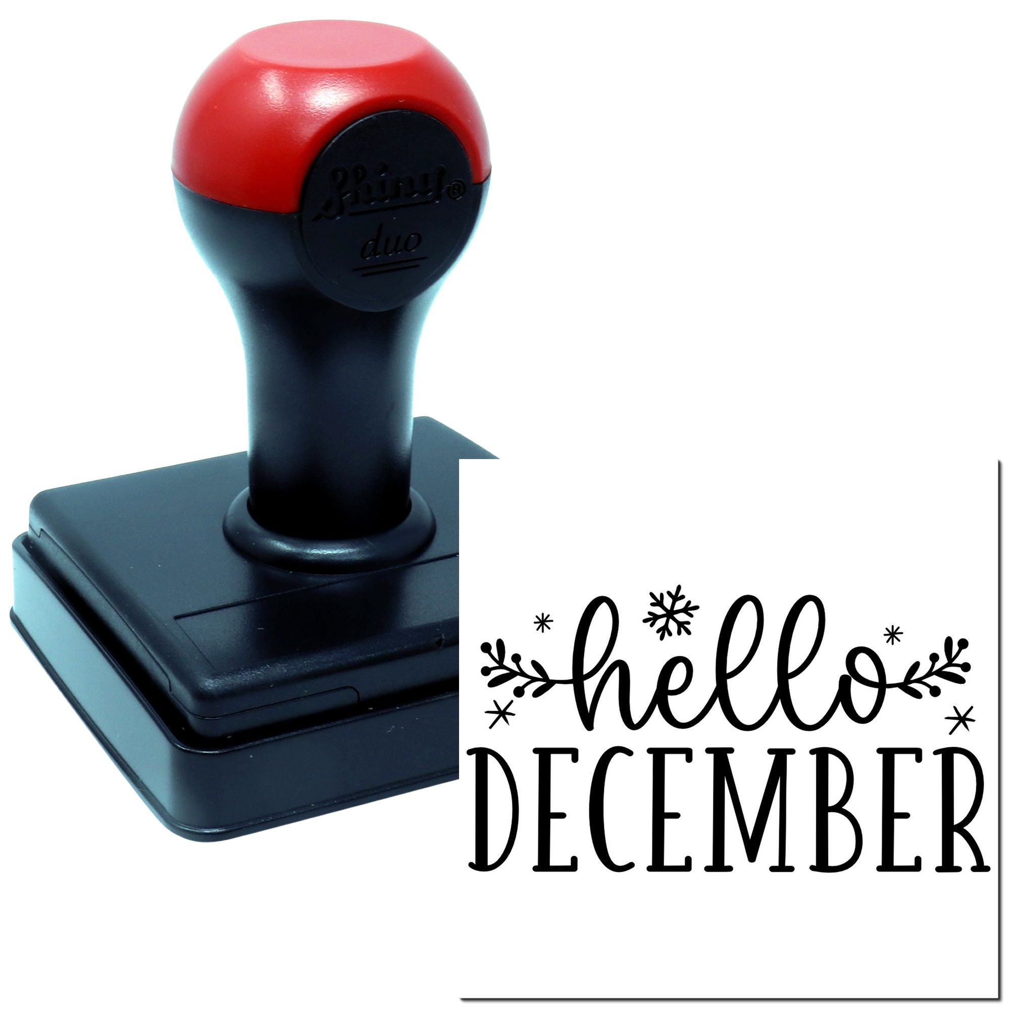 Self-inking rubber stamp with custom hello December holiday greeting design for cards, crafts, and seasonal packaging