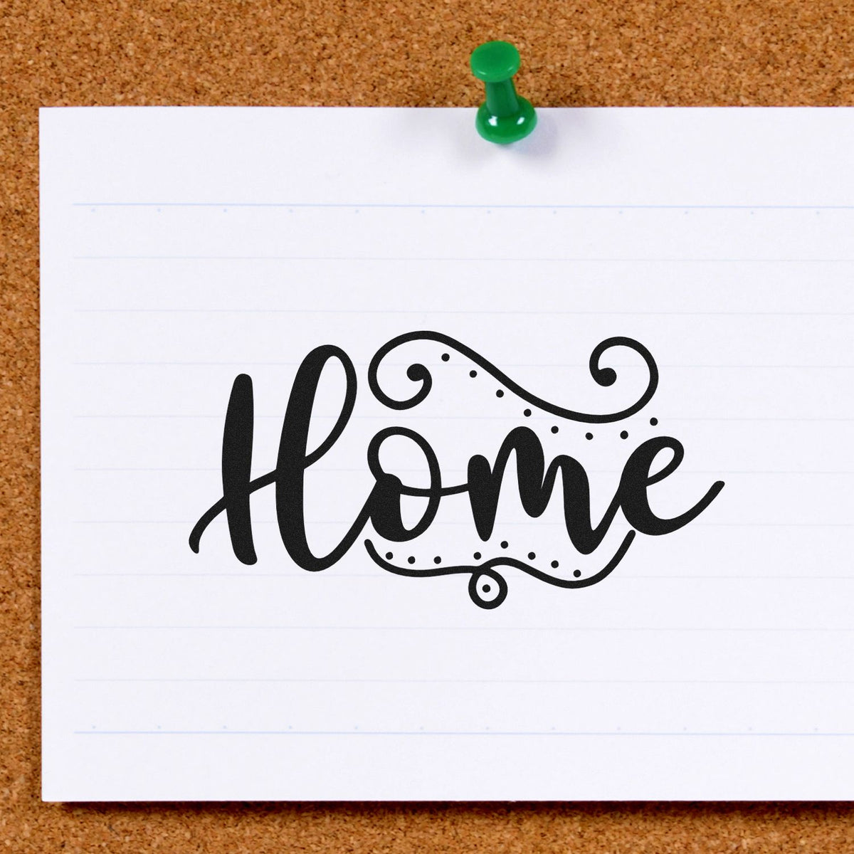 Home Flourishing Script Premium Wood-Mounted Stamp - Vintage Pro imprint stamped in black ink. The word "Home" appears in thick script with looping flourishes and dot accents.