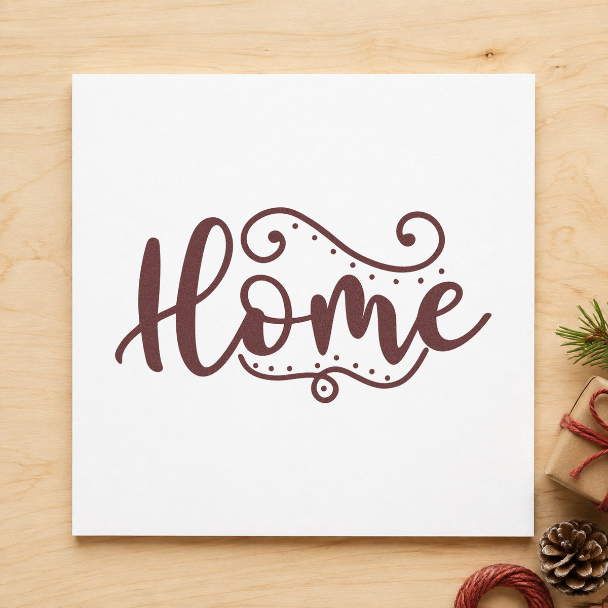 Home Flourishing Script rubber stamp printed in brown ink, ready for address book header and similar paper crafts.