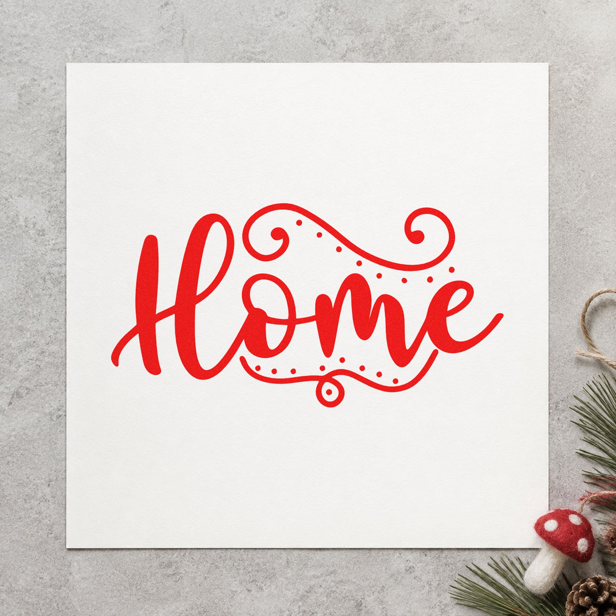 Home Flourishing Script rubber stamp shown in red ink, stamped for projects such as linen closet labels.