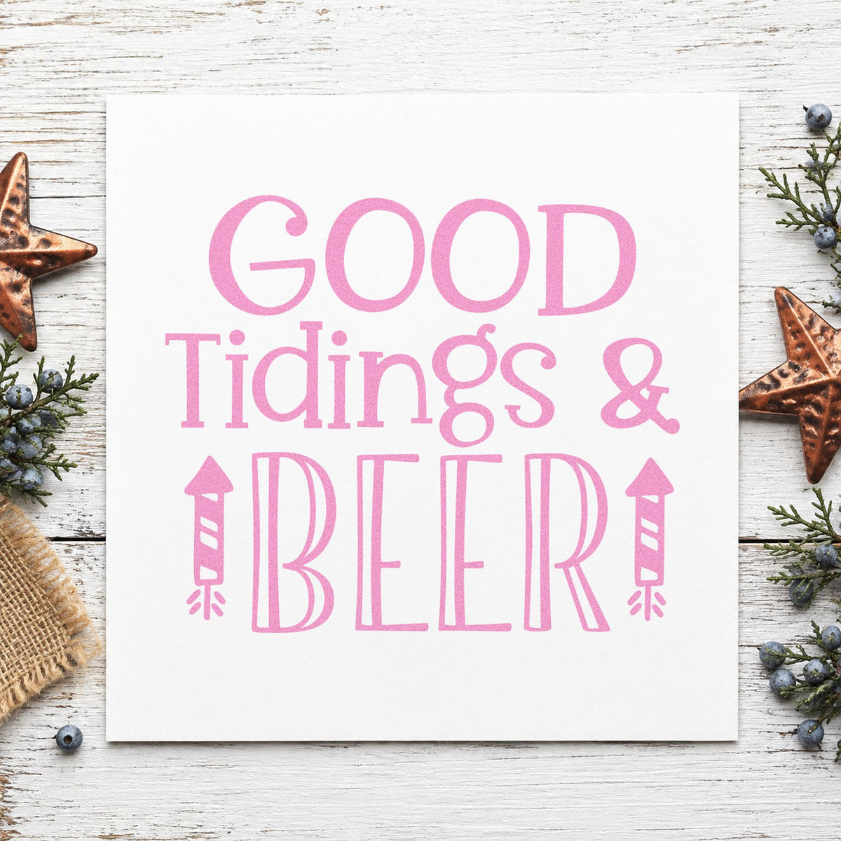 Good Tidings And Beer craft stamp in purple ink on cardstock, an easy option for recipe build album.