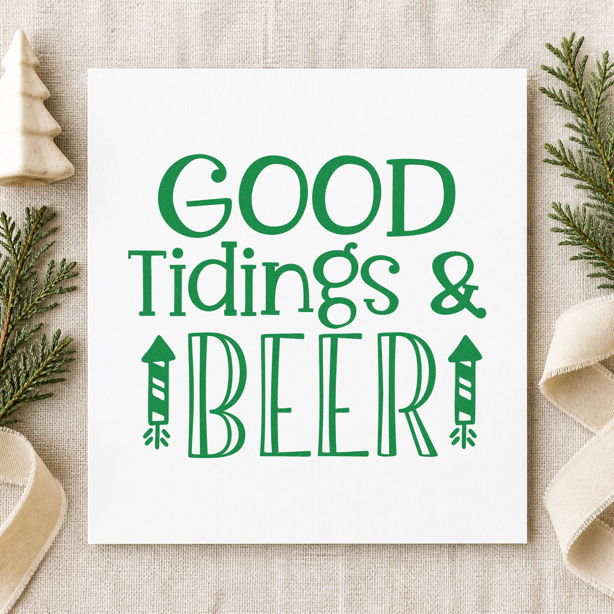 Good Tidings And Beer craft stamp imprint in green ink on a handmade project, one idea being bottle cap tags.