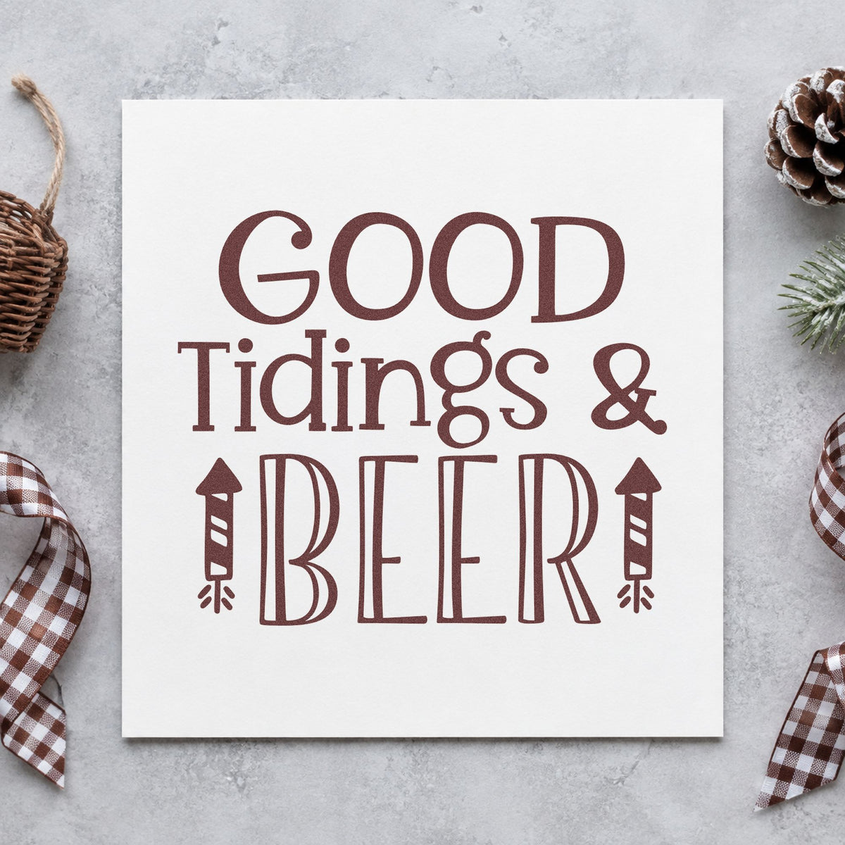 Good Tidings And Beer rubber stamp printed in brown ink, ready for fermentation sheet and similar paper crafts.