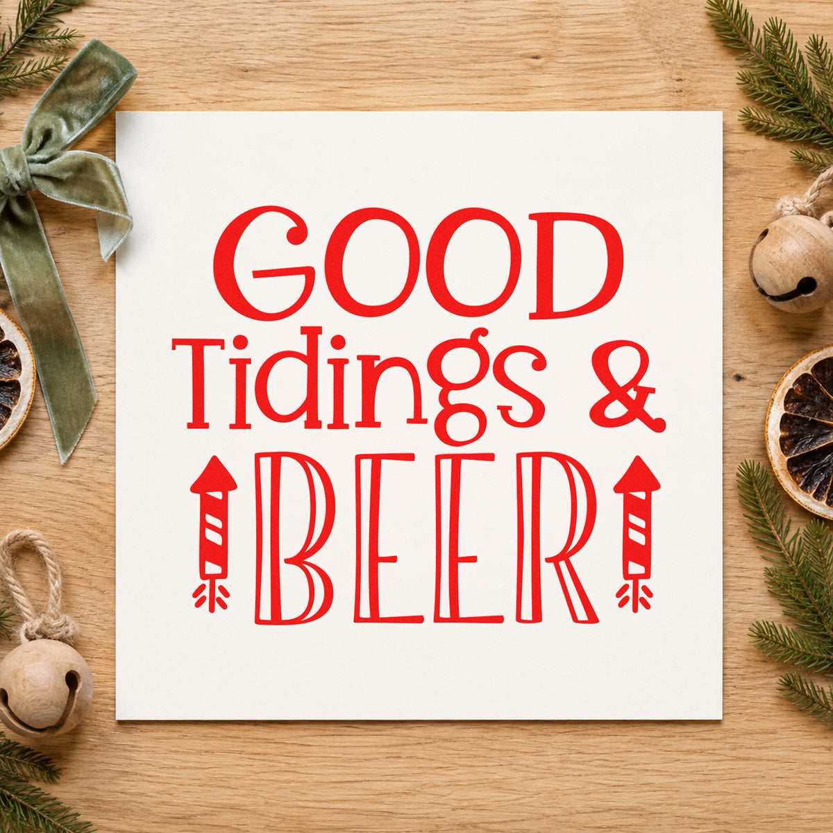 Good Tidings And Beer craft stamp in red ink on cardstock, an easy option for brew apron printing.