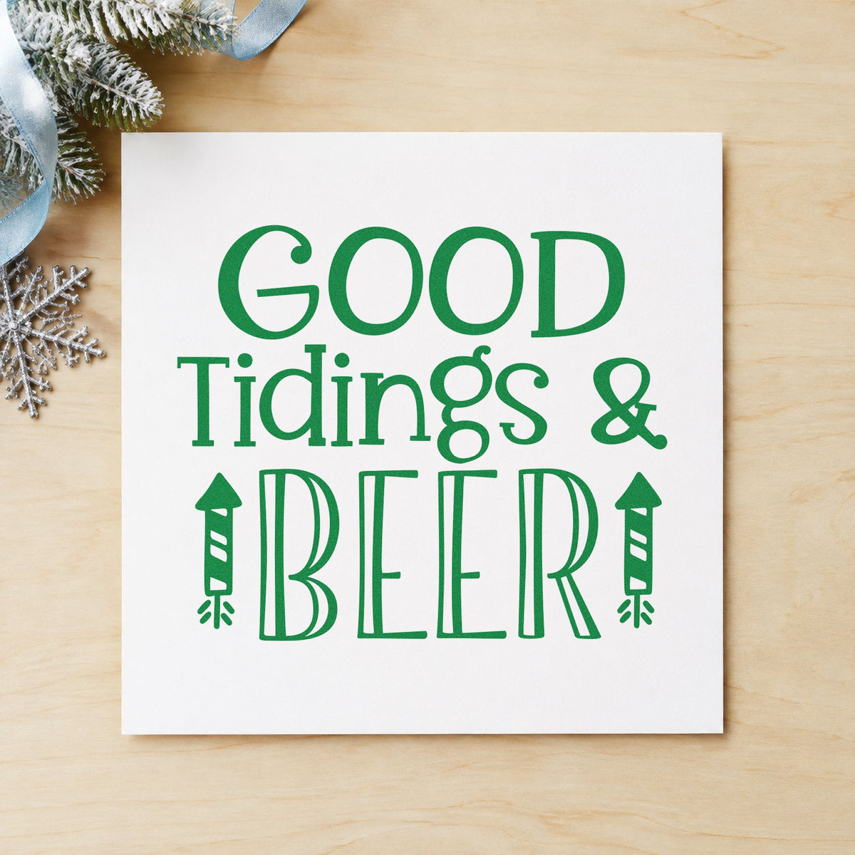 Good Tidings And Beer craft stamp imprinted in green ink on paper, a design suited to framed cellar shelf.