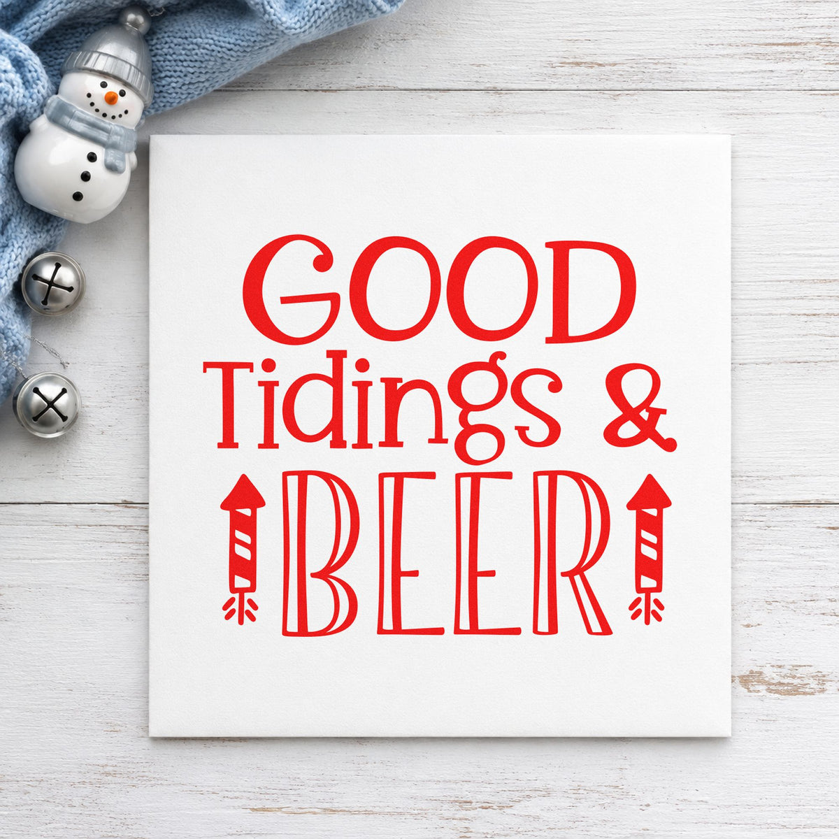 Good Tidings And Beer rubber stamp shown in red ink, stamped for projects such as hop bag labels.